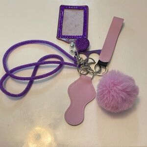 Purple and Pink Lanyard with Pom Pom and other key accessories